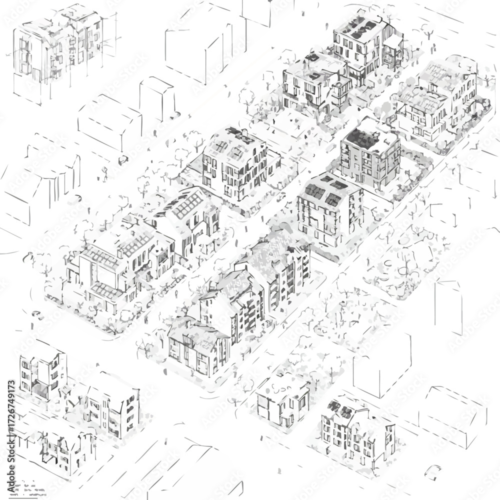 Fototapeta premium Isometric architectural drawing of a modern, sustainable urban residential complex, showcasing buildings with rooftop solar panels and green spaces.