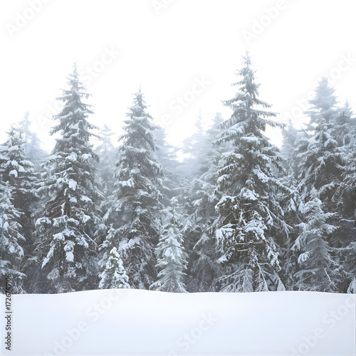 Snow covered evergreen trees in a winter forest isolated on transparent background