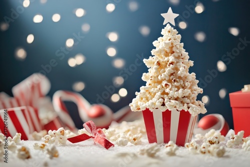 Festive popcorn christmas tree with holiday gifts and twinkling lights