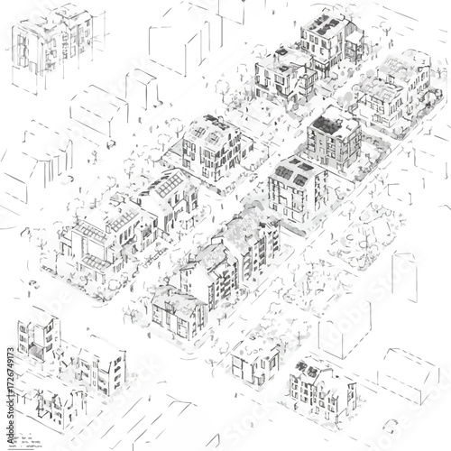 Isometric architectural drawing of a modern, sustainable urban residential complex, showcasing buildings with rooftop solar panels and green spaces.