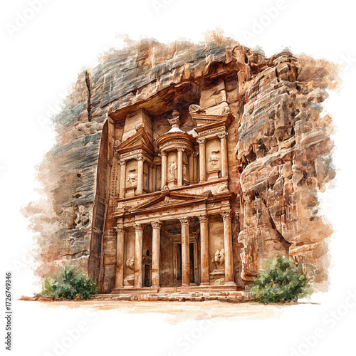 Watercolor sketch of an ancient building in petra jordan showcasing historical architecture and landscape