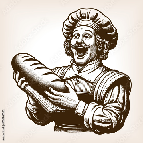 cheerful baker in traditional clothing, laughing loudly while holding a rolling pin and a loaf of bread sketch engraving generative ai fictional character vector. Scratch board. Black and white.