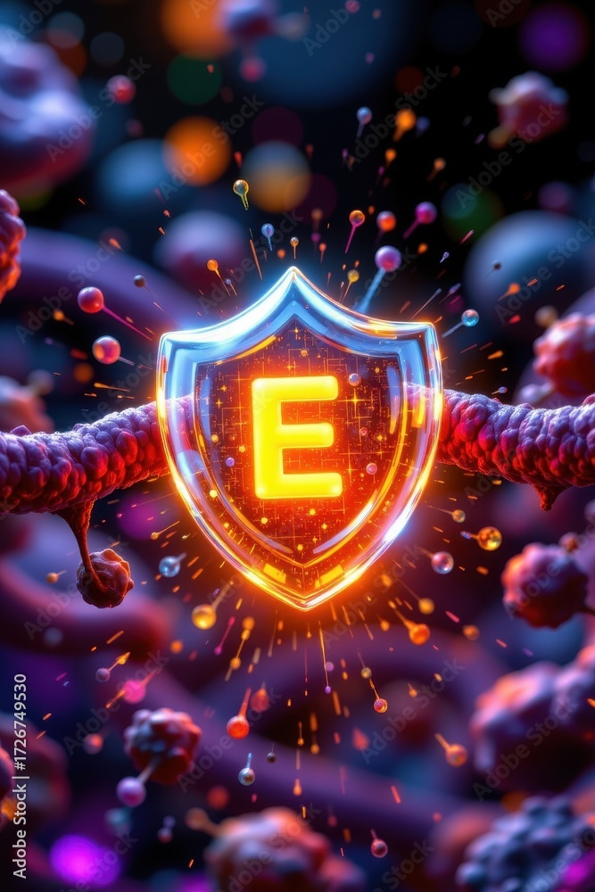 Fototapeta premium a glowing molecular shield of vitamin e donates an electron to neutralize a lipid radical, halting destructive chain reactions inside a vivid biological membrane with radiant colors