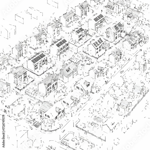 This detailed architectural illustration presents a modern, sustainable residential community, showcasing homes integrated with rooftop solar energy systems.