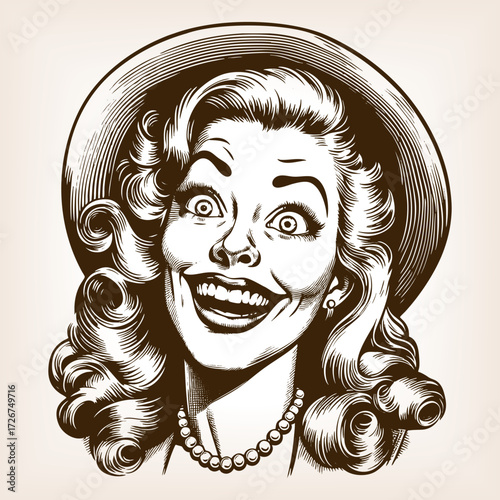 young woman with curly hair, wide eyes, and an exaggerated crooked smile of surprise sketch engraving generative ai fictional character vector illustration. Scratch board imitation. Black and white.