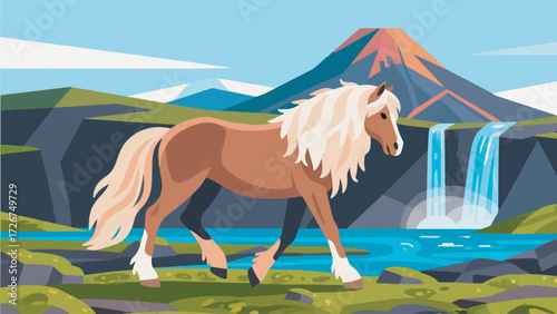 Illustration Of A Thick Coated Icelandic Horse Walking In A Mossy Field With A Volcano And Waterfall In The Background Vector Design Template