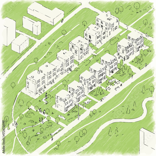 An isometric architectural drawing depicts a modern residential community with multiple buildings, green spaces, and walking paths.