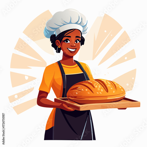 Smiling baker holding a loaf of bread on a wooden tray.