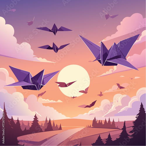 Origami cranes flying over a landscape at sunset, with trees and clouds.