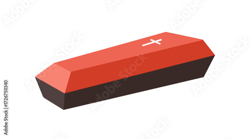 Coffin, funeral casket. Death, burial box with cross on lid. Gothic vampire case for Halloween. Mourning ritual ceremony, obituary for dead. Flat vector illustration isolated on white background