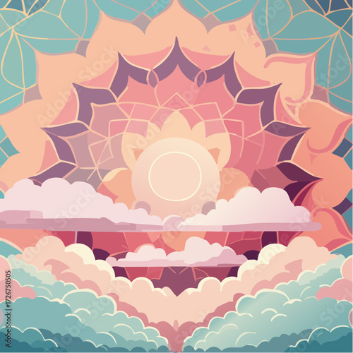 Stylized mandala design with clouds and a central sun-like element.