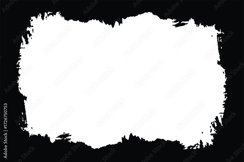 Fototapeta premium Distorted grunge border frame isolated background. Overlay distress texture effect. Abstract frame overlay. Dirty and damaged backdrop. Vector graphic illustration with transparent white. EPS10.