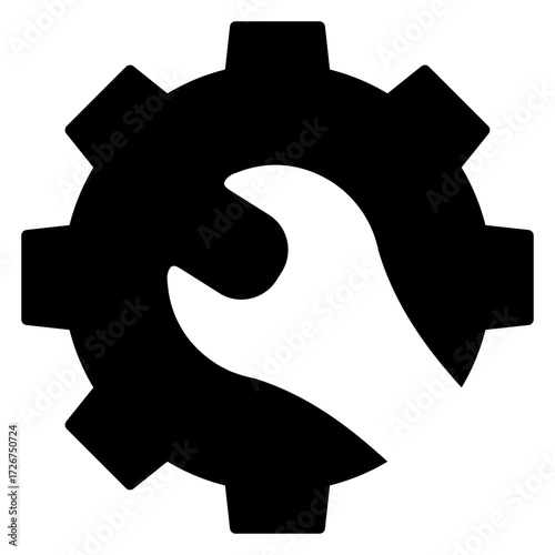 Logo maquinaria industrial. Icono engranaje con herramienta llave fija en espacio negativo 