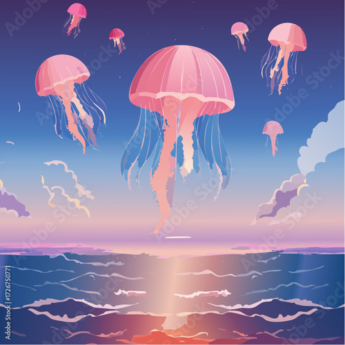 Pink jellyfish floating in the sky above the ocean at sunset.