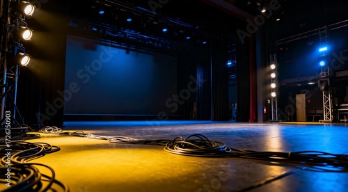 Empty theatrical stage illuminated by vibrant blue and yellow spotlights with cables in the foreground before a performance