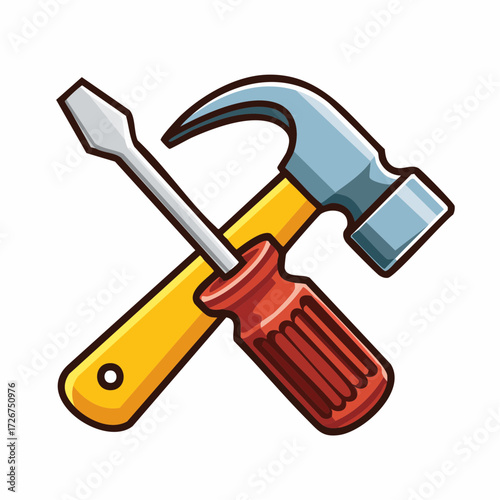 Hammer and screwdriver crossed, tools for repair and construction.