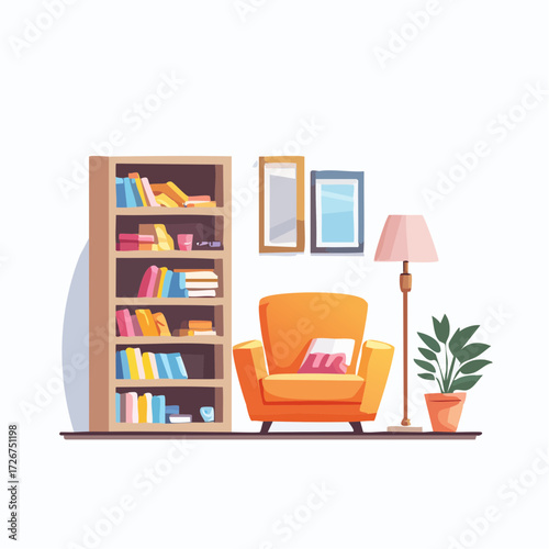 Illustration of a cozy living room with a bookshelf, armchair, lamp, and plants.
