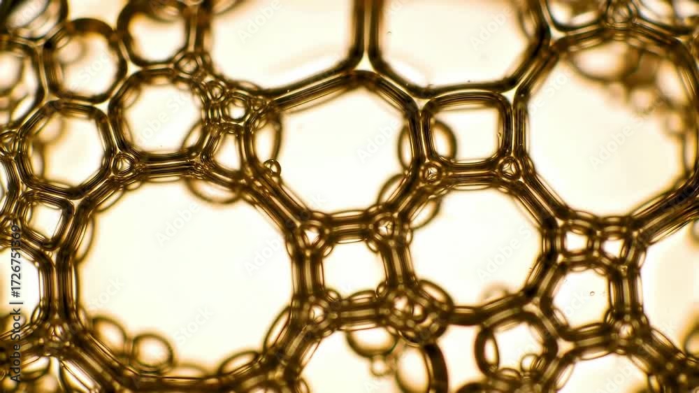 Extreme close up macro shot of a complex network of golden soap bubbles forming a mesmerizing cellular structure against a bright background showcasing scientific and abstract patterns.