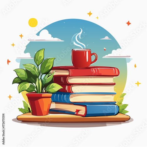 Stack of books with a cup of coffee and a plant on a shelf.