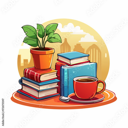 Illustration of books, a plant, and a cup of coffee on a table with a city background.