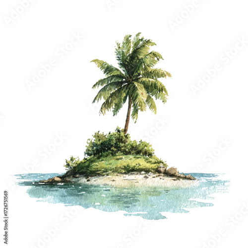 Small tropical island with a single palm tree against a clear blue sky and calm ocean waters