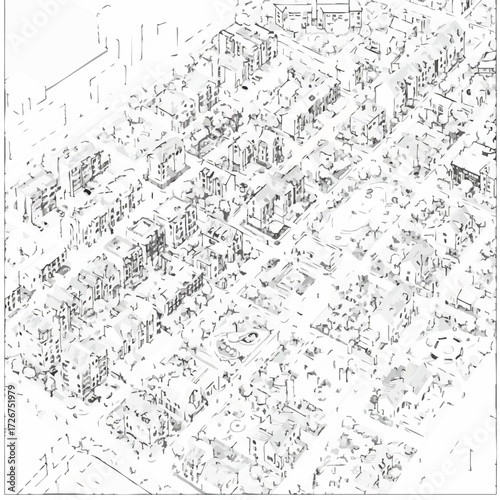 An aerial view captures a detailed outline of a residential neighborhood, showcasing diverse buildings and green spaces in a monochromatic composition.