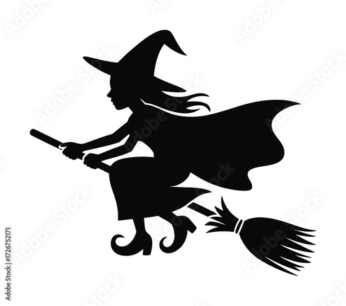 Silhouette of a witch flying on a broomstick against a white background