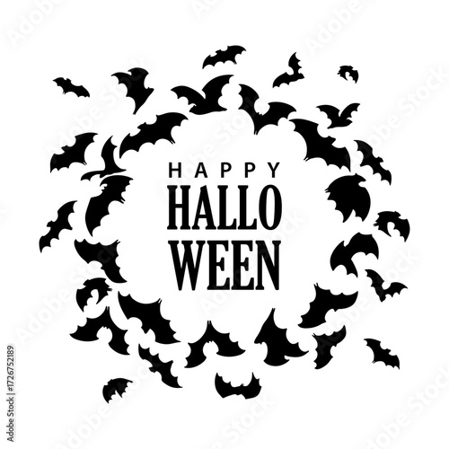 Round Halloween frame with black bats isolated on white background. Flock of bats flies in a circle. Round frame made of bat silhouettes. Inscription Happy Halloween is surrounded by bats