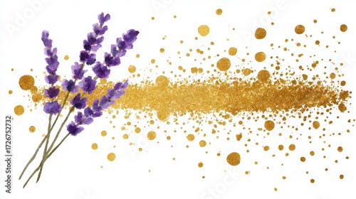Lavender flowers with golden glitter splash on white background