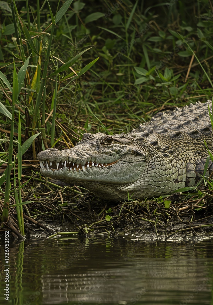 Fototapeta premium Crocodile Lying on Riverbank Amid Green Vegetation in Natural Habitat