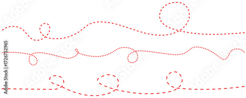 Hand drawn curve dotted line, Spiral dotted line hand drawn, Dotted lines path on white background. Travel dotted line trip dashed trace destination track plan and silhouette travelling symbol.