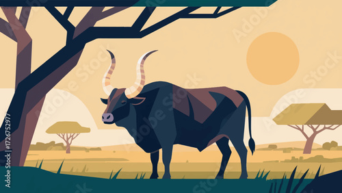 Illustration Of An Ankole Cattle With Long, Towering Horns In The African Savanna With Acacia Trees In The Background Vector Design Template