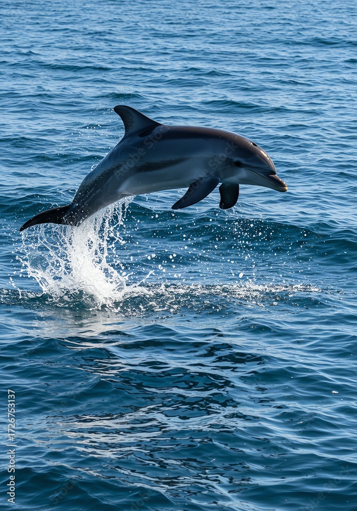 Fototapeta premium Dolphin Jumping Out of Ocean Water in Bright Sunlight