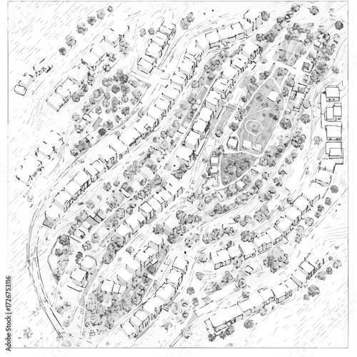 An aerial architectural sketch captures a hillside community with houses, trees, and a central green space, showcasing urban planning.