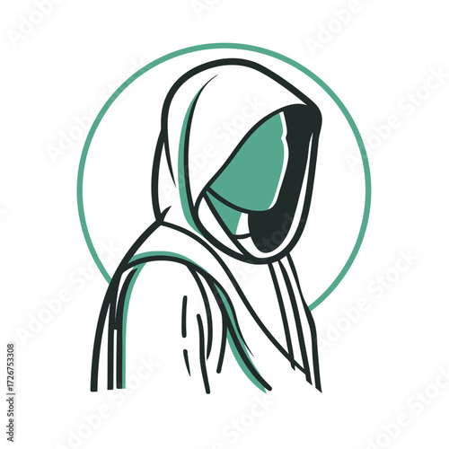 Young woman in hooded cloak with abstract outline and green background  