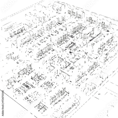 An intricate aerial line drawing depicts a sprawling urban landscape with numerous city blocks and architectural structures, showcasing a minimalist blueprint design.