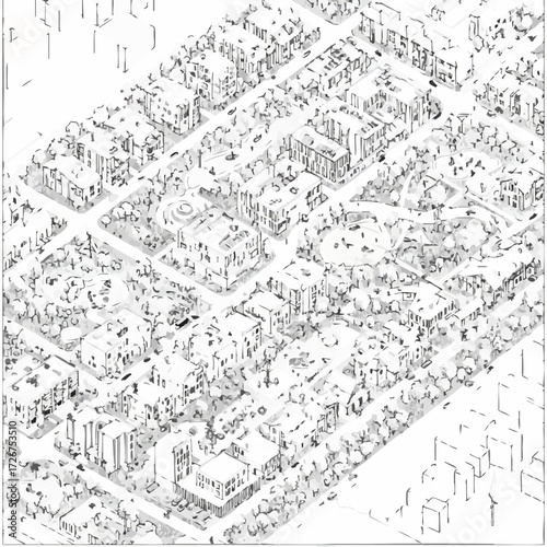 An intricate isometric drawing details a well-planned urban neighborhood, featuring residential buildings, green spaces, and interconnected streets, showcasing urban development.