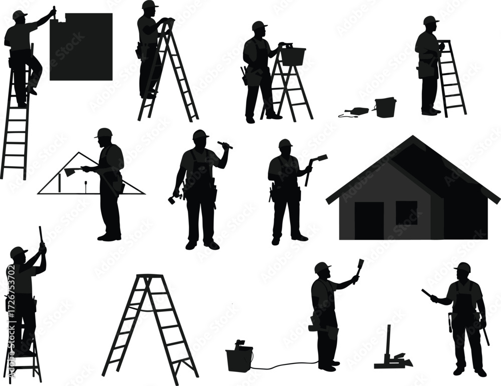 Obraz premium Construction worker silhouettes, ladder tools, house building, painting, measuring, drilling, roofing, labor tasks, architecture, repair