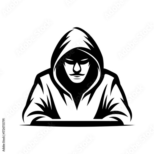 Hooded hacker sitting with a serious expression in black and white style  