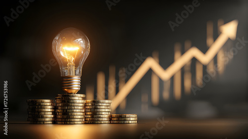 Light bulb and money. Light bulb with money energy and AI financial. Sustainable investment and growth concepts combine initiatives to demonstrate financial profitability.