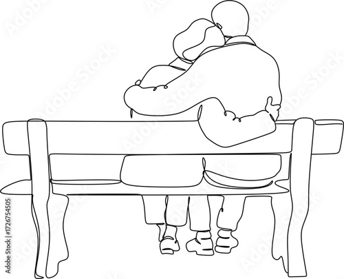 Line drawing of an elderly couple sitting on a bench