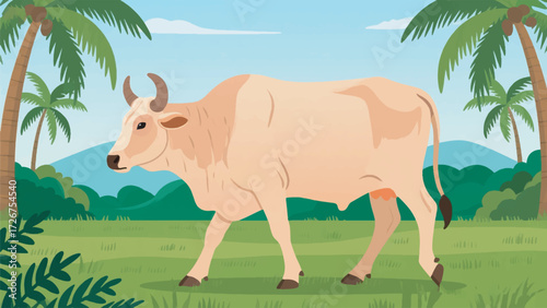 Illustration Of A Typical Indian Humped Brahman Cow Walking In A Tropical Meadow With Coconut Trees In The Background Vector Design Template