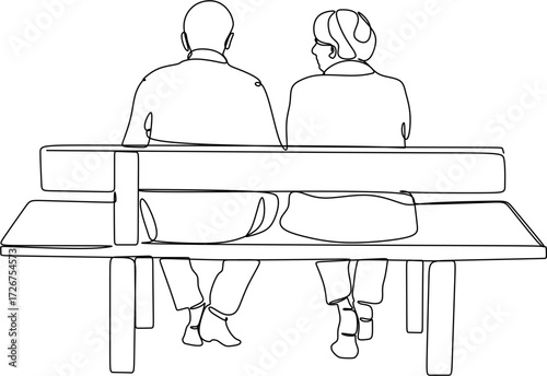 Line drawing of an elderly couple sitting on a bench