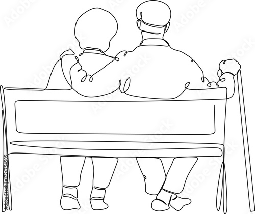 Line drawing of an elderly couple sitting on a bench
