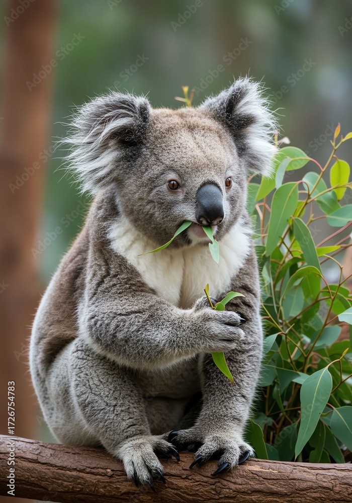 Fototapeta premium Koala Bear Sitting on Tree Branch Eating Eucalyptus Leaves in Natural Habitat