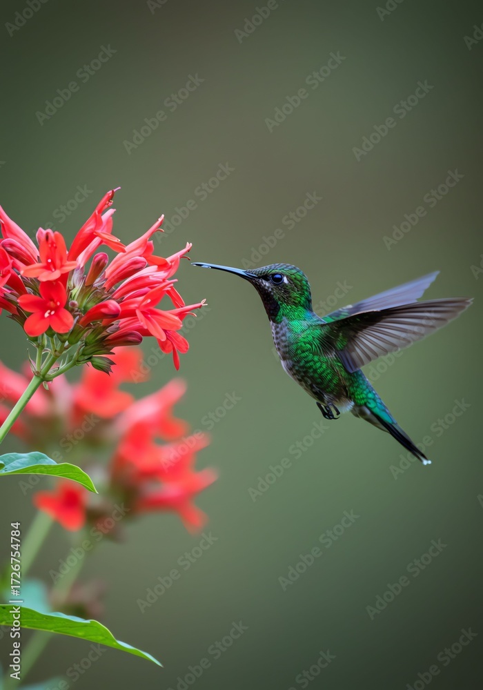 Naklejka premium Vibrant Green Hummingbird Hovering Near Red Flower in Nature
