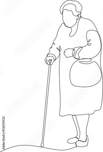 A line drawing of an elderly woman walking with a cane
