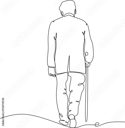 A drawing of an elderly man walking with a cane