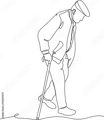 A drawing of an elderly man walking with a cane