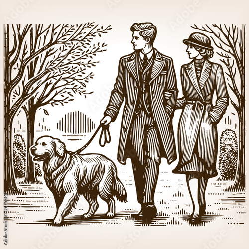 elegantly dressed couple strolling arm in arm with their dog through a tree-lined park sketch engraving generative ai fictional character vector illustration. Scratch board. Black and white image.
